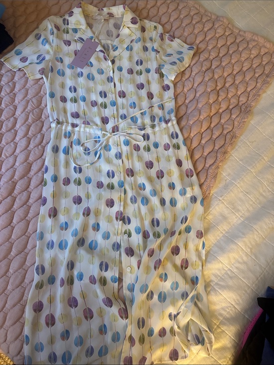 Jall cloth Dresses & Skirts - Dot Print Cream Midi Shirt Dress with Blue, Purple & Green Dot Print
